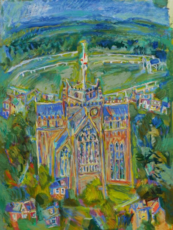 Cartmel Priory and racecourse. Acrylic on canvas.