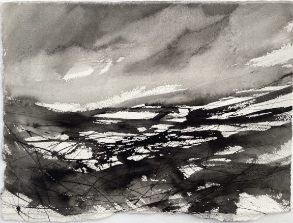 Weather moving over fields and moors in the Yorkshire Dales, ink and compressed charcoal on paper.