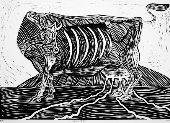 Dun Cow - Spilled Milk. Linocut