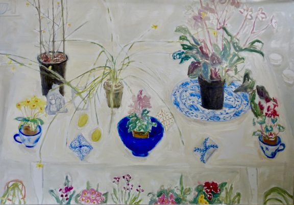 Blue Bowl, Primulas, White Table