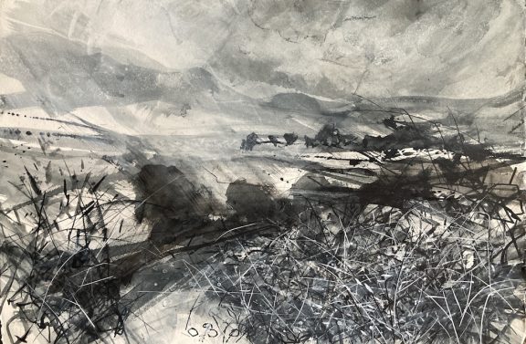 Windy weather, clouds moving over fields and fell.