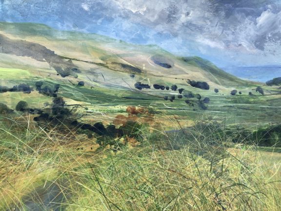 On Fleets Lane, farmland, fell and clouds, late summer.