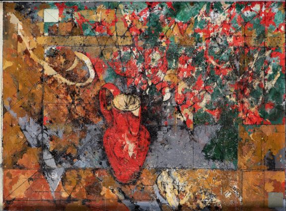 Still lIfe with Red Vase & White & Red Flowers
